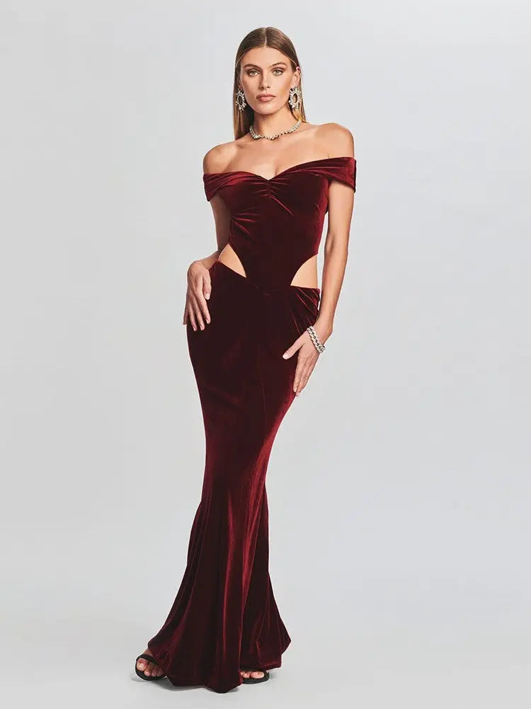 Off-Shoulder Velvet Cut-Out Gown - Little Addiction