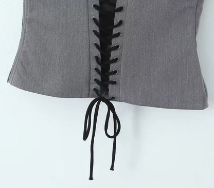 Elegant Grey Lace-Up Corset Top - Little Addiction