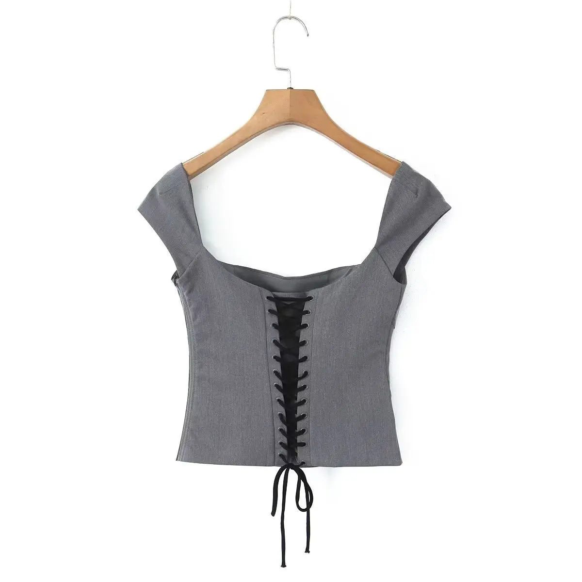 Elegant Grey Lace-Up Corset Top - Little Addiction