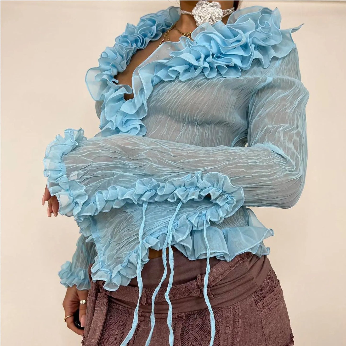 Ruffled Sheer Lace Blouse – Elegant Slim Fit Top in Soft Blue Little Addiction