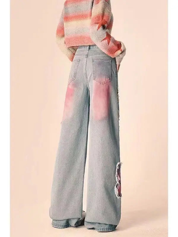 Boho Butterfly Embroidered Wide-Leg Jeans - Little Addiction