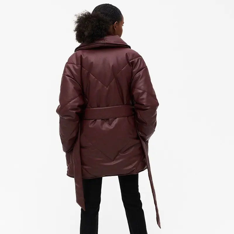 Brown Faux Leather Belted Puffer Jacket - Little Addiction