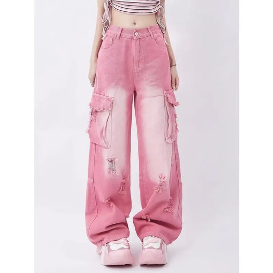 Distressed Pink Cargo Jeans - Little Addiction