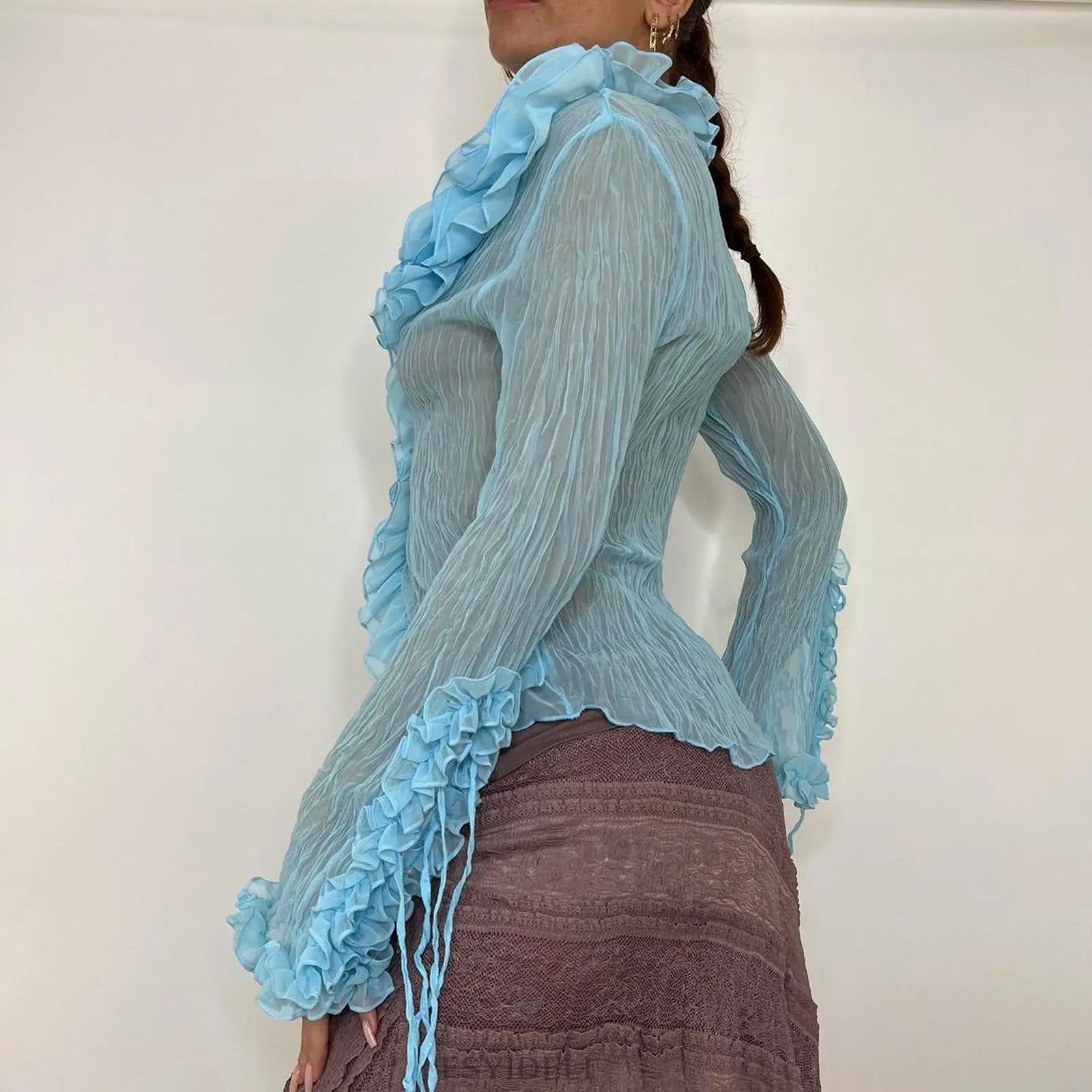 Ruffled Sheer Lace Blouse – Elegant Slim Fit Top in Soft Blue Little Addiction