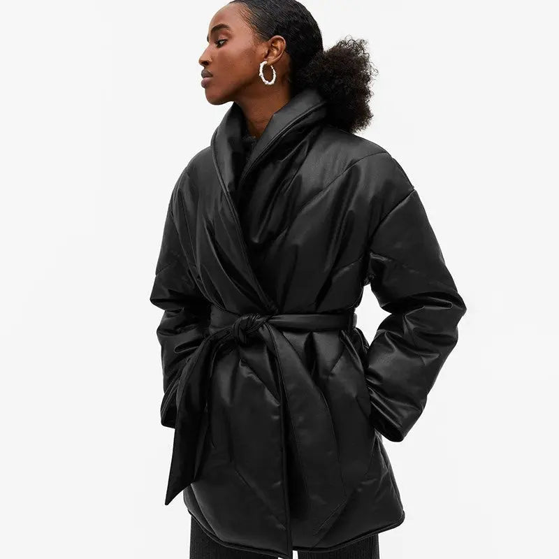 Black Faux Leather Puffer Jacket - Little Addiction