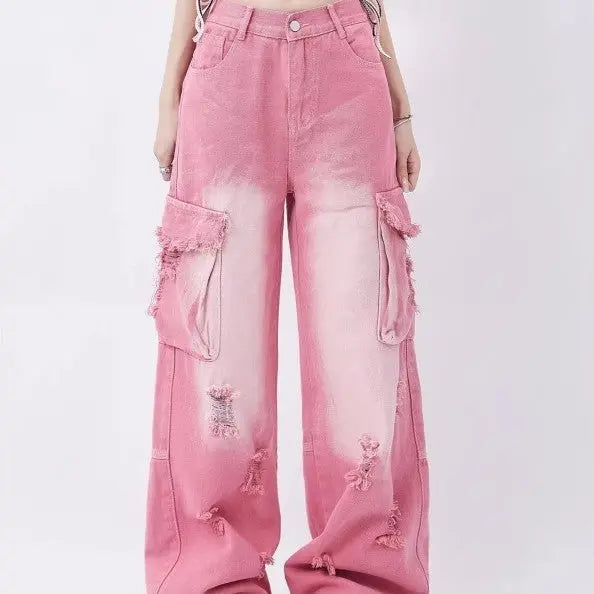 Distressed Pink Cargo Jeans - Little Addiction