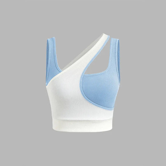 Asymmetrical Cutout Crop Top – Sleek Two-Tone Ribbed Tank in Blue & White Little Addiction