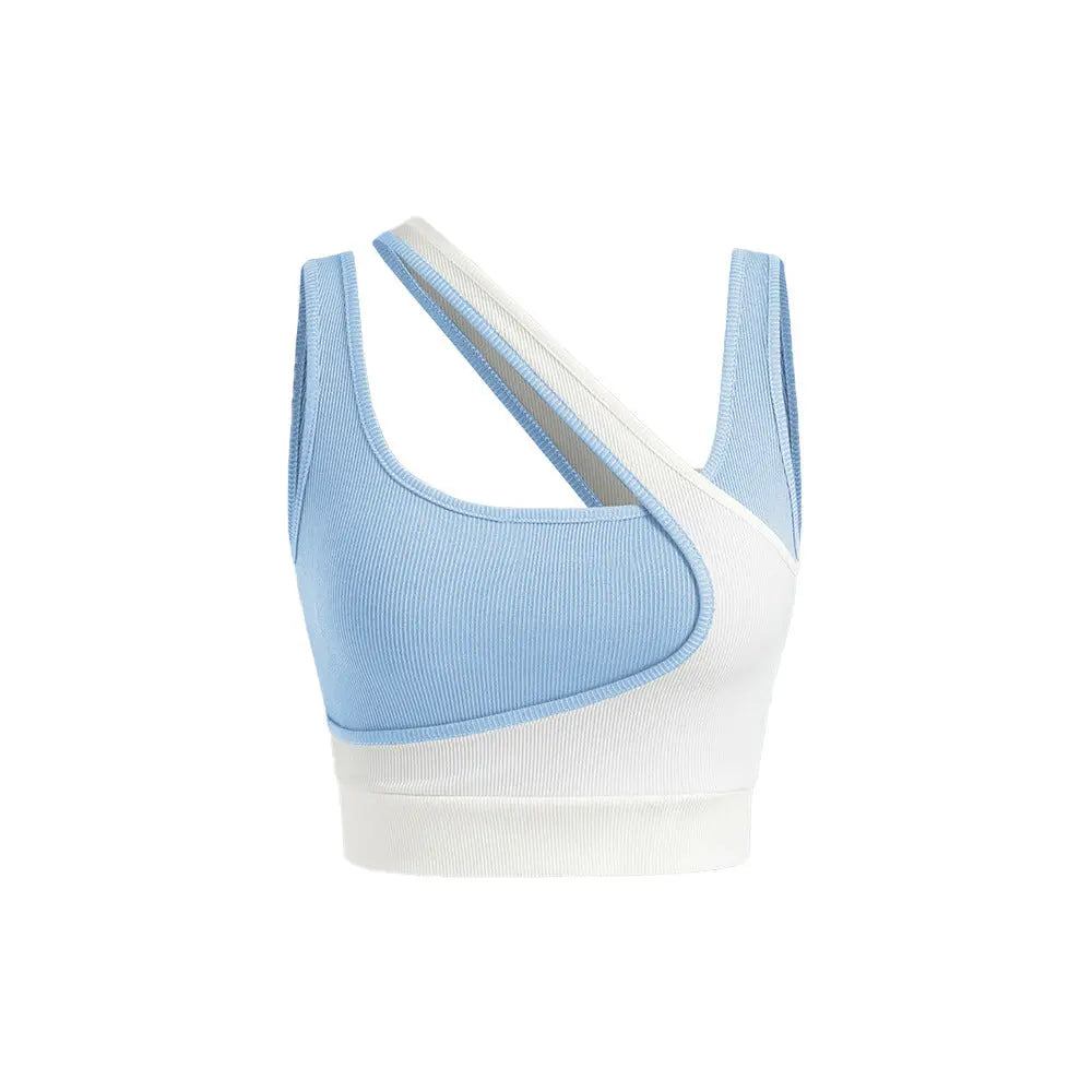 Asymmetrical Cutout Crop Top – Sleek Two-Tone Ribbed Tank in Blue & White Little Addiction