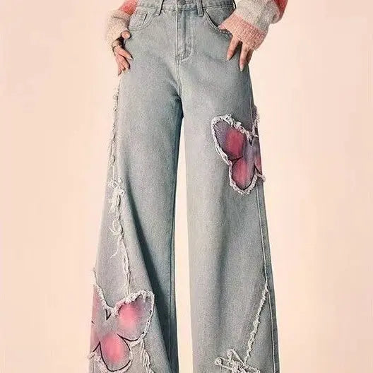 Boho Butterfly Embroidered Wide-Leg Jeans - Little Addiction