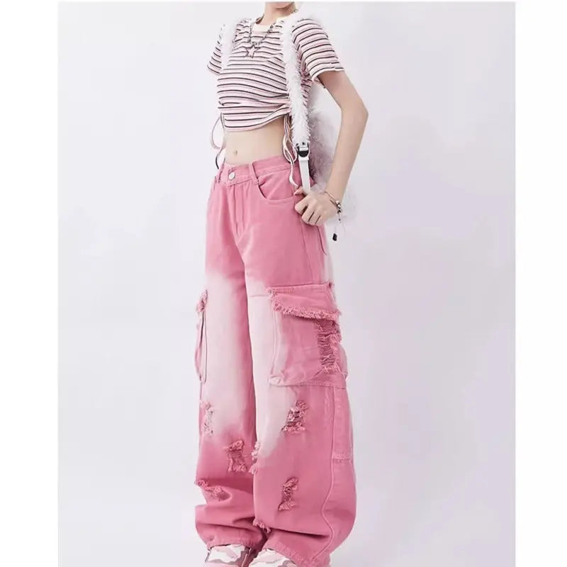 Distressed Pink Cargo Jeans - Little Addiction