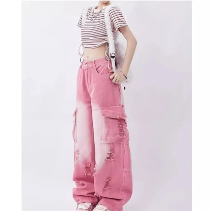 Distressed Pink Cargo Jeans - Little Addiction