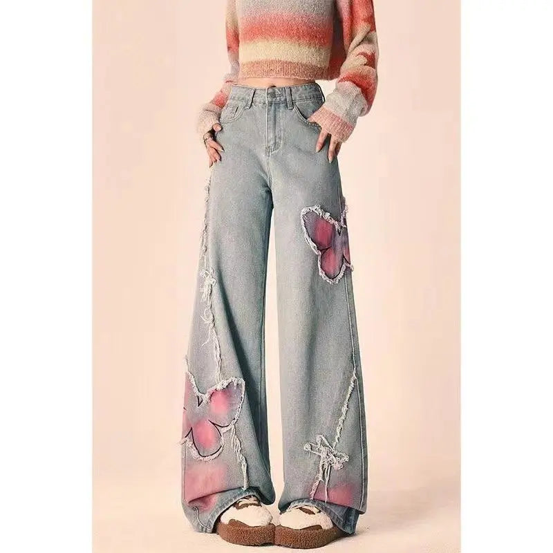 Boho Butterfly Embroidered Wide-Leg Jeans - Little Addiction