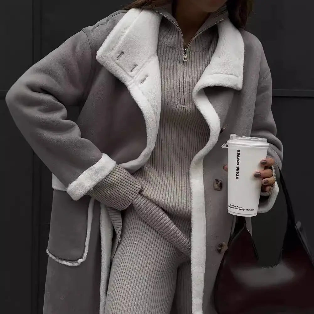 Longline Shearling Trim Coat – Cosy Loose Fit Winter Jacket in Grey Little Addiction