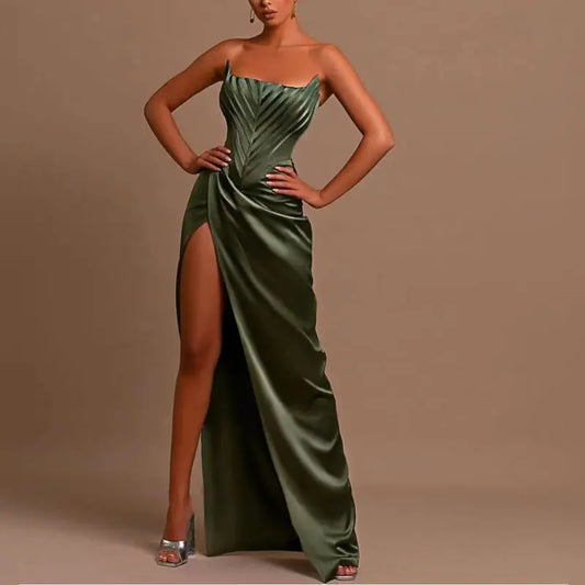 Elegant Asymmetrical Satin Evening Gown - Little Addiction