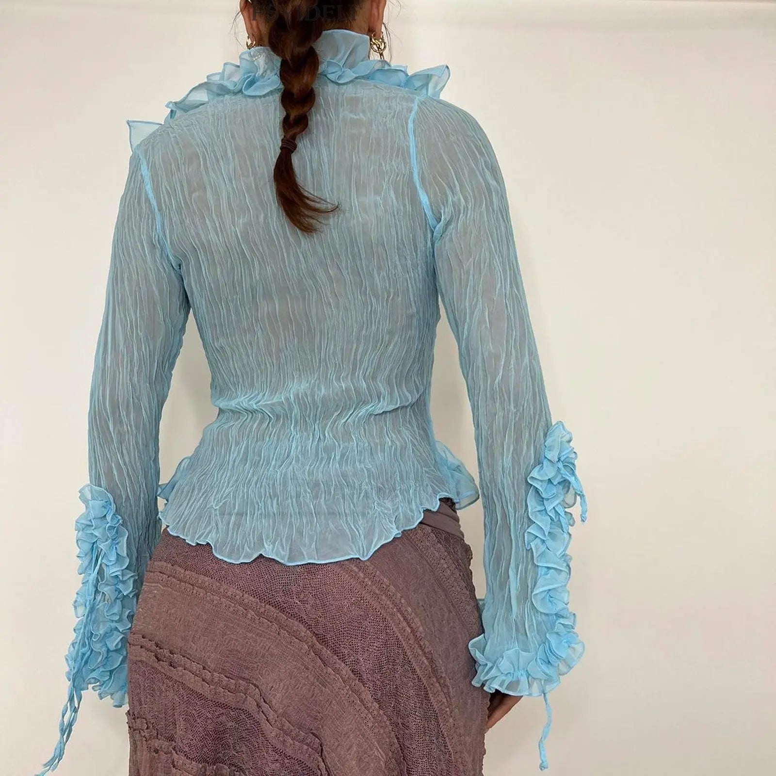 Ruffled Sheer Lace Blouse – Elegant Slim Fit Top in Soft Blue Little Addiction