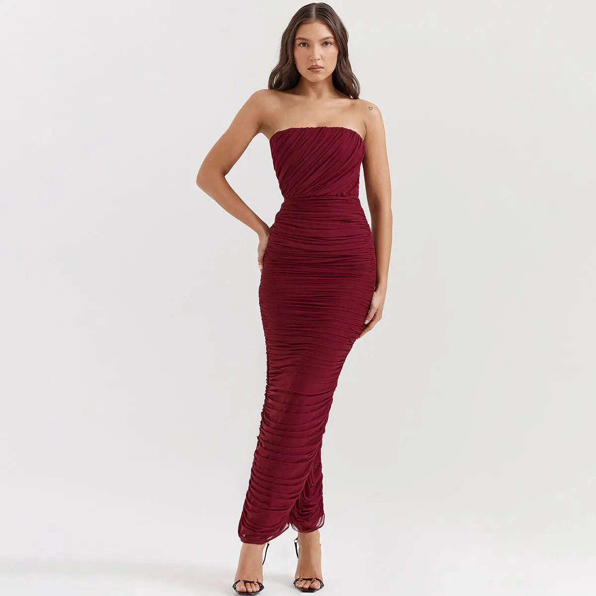 Burgundy Ruched Strapless Bodycon Dress - Little Addiction