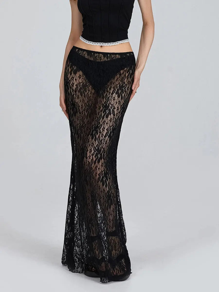 See-Through Lace Floral Sheer Wrap Skirts Little Addiction