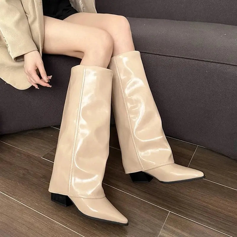 Knee High Heels Women Boots Leather Chunky Fashion Shoes Pointed Toe Snow Long Boots New Designer Pumps Punk Chelsea Botas Mujer Little Addiction