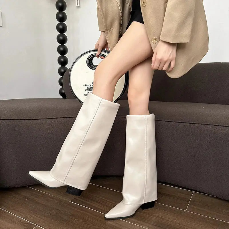 Knee High Heels Women Boots Leather Chunky Fashion Shoes Pointed Toe Snow Long Boots New Designer Pumps Punk Chelsea Botas Mujer Little Addiction