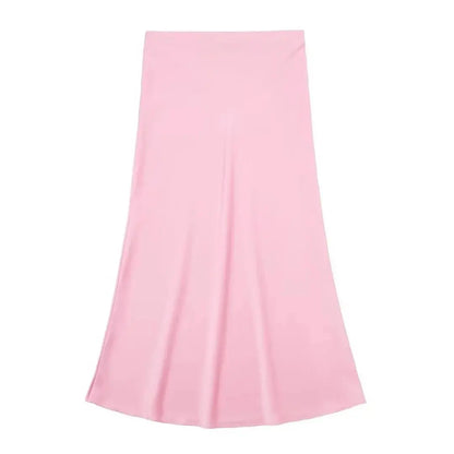 Long Elastic High Waisted A-Line Satin Skirts Little Addiction