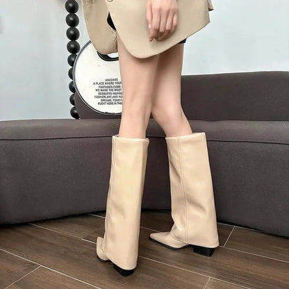 Knee High Heels Women Boots Leather Chunky Fashion Shoes Pointed Toe Snow Long Boots New Designer Pumps Punk Chelsea Botas Mujer Little Addiction