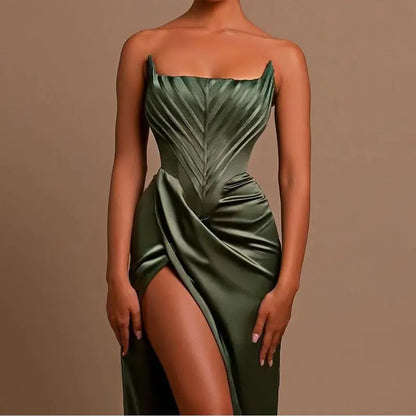 Elegant Asymmetrical Satin Evening Gown - Little Addiction