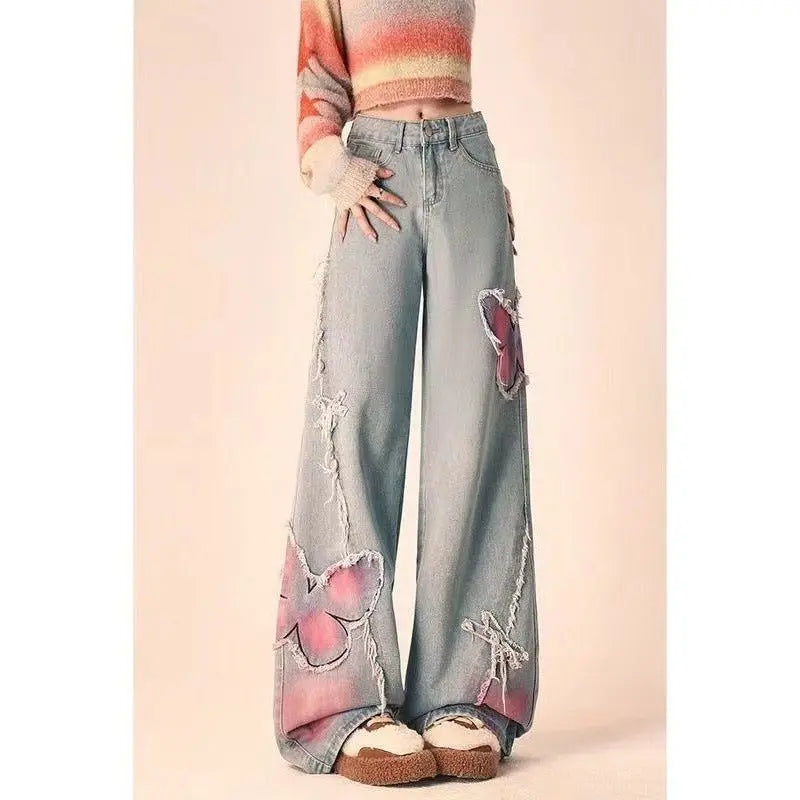 Boho Butterfly Embroidered Wide-Leg Jeans - Little Addiction