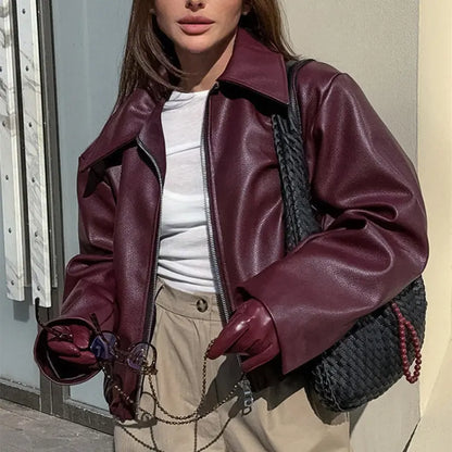 Burgundy Faux Leather Jacket Little Addiction