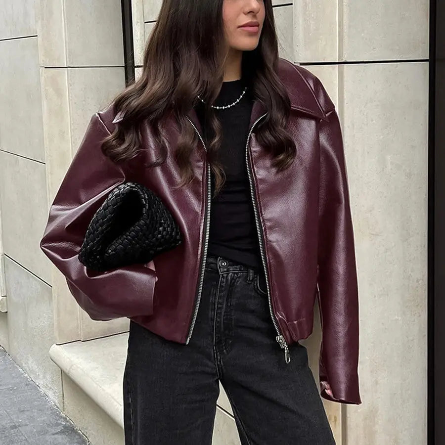 Burgundy Faux Leather Jacket Little Addiction