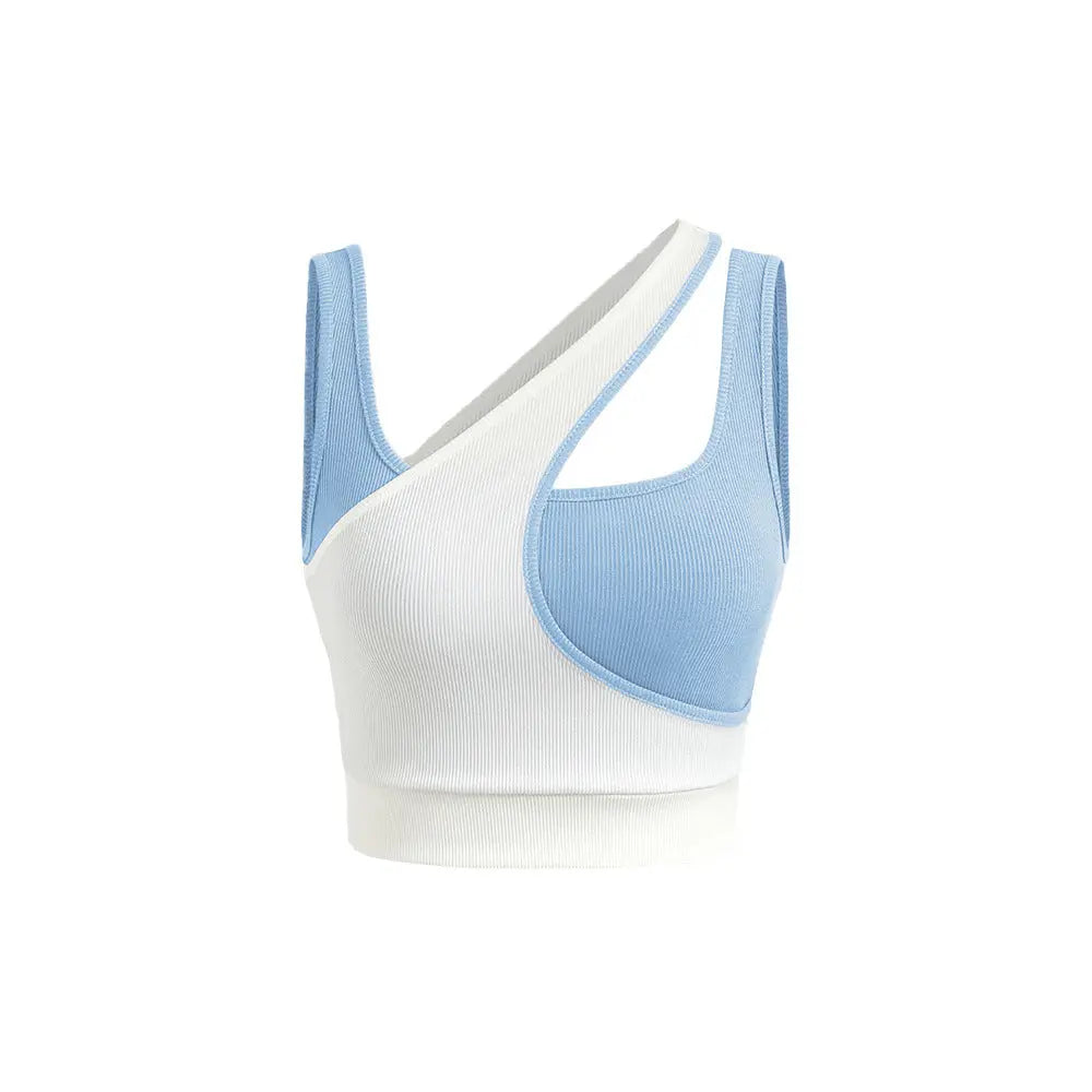 Asymmetrical Cutout Crop Top – Sleek Two-Tone Ribbed Tank in Blue & White Little Addiction