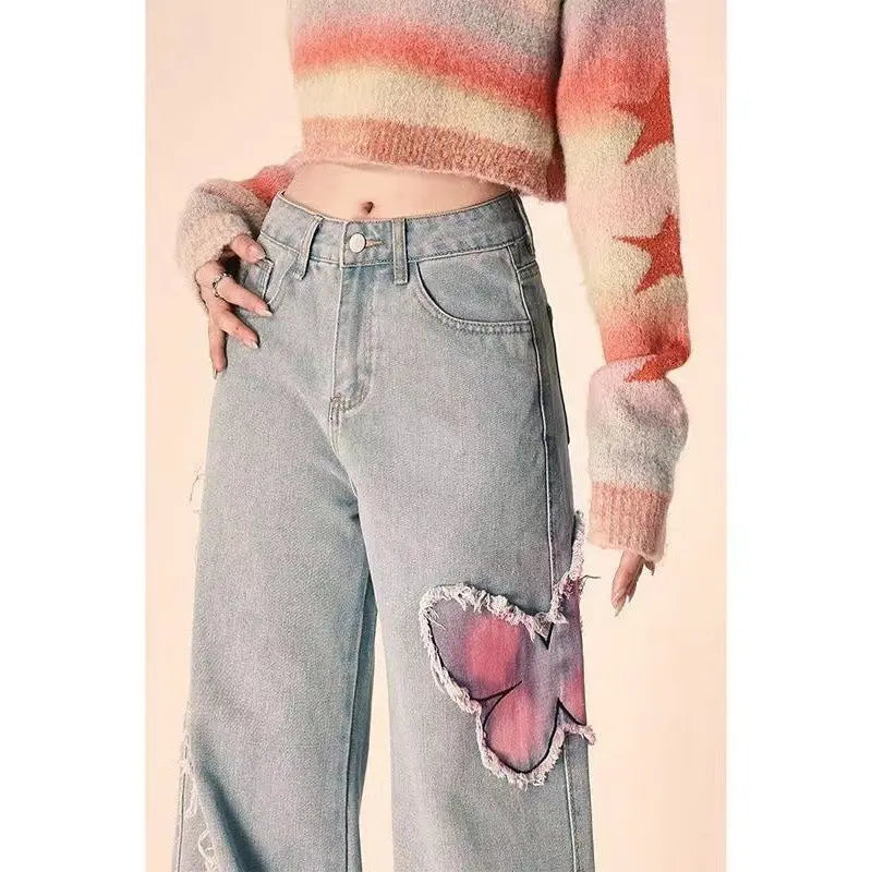 Boho Butterfly Embroidered Wide-Leg Jeans - Little Addiction