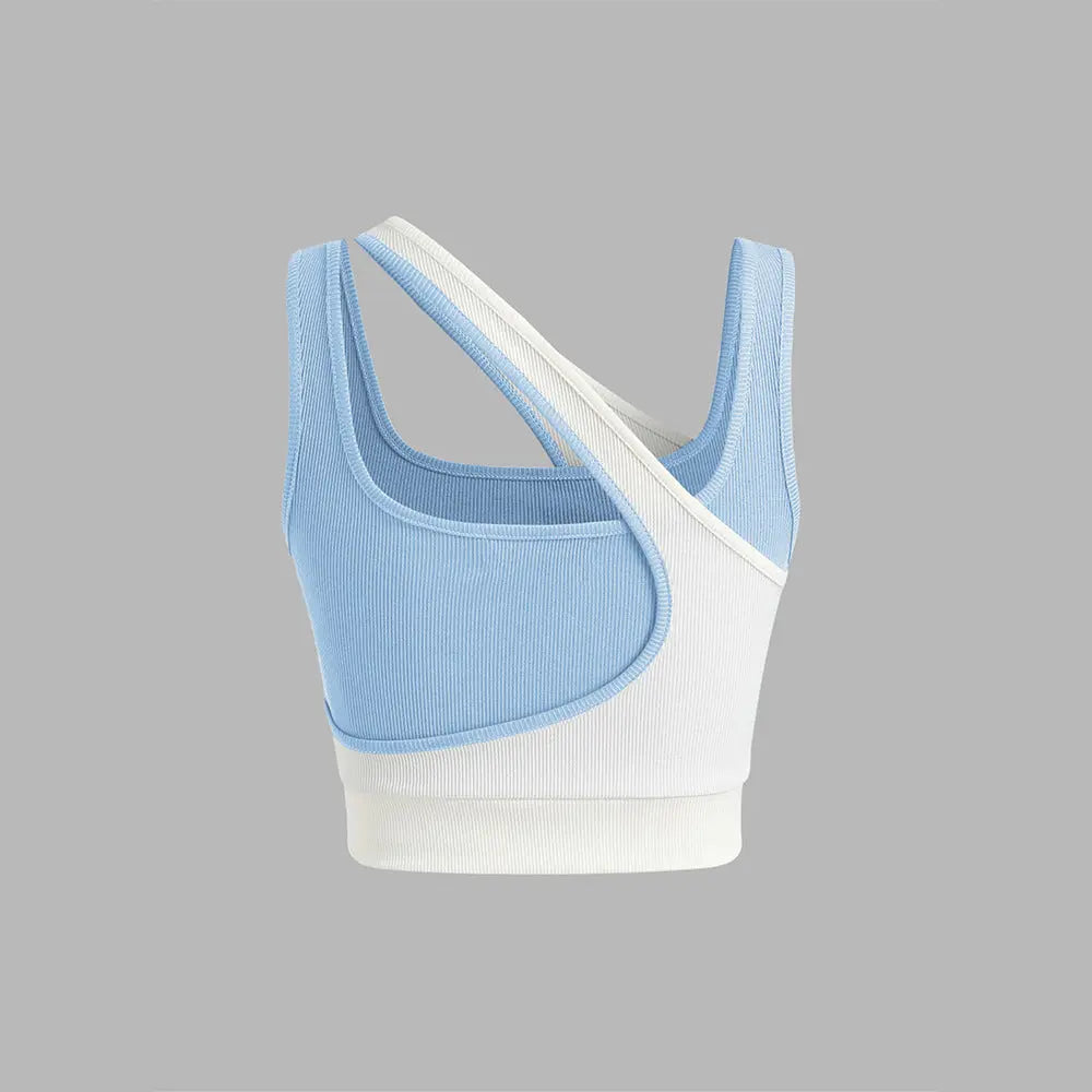 Asymmetrical Cutout Crop Top – Sleek Two-Tone Ribbed Tank in Blue & White Little Addiction