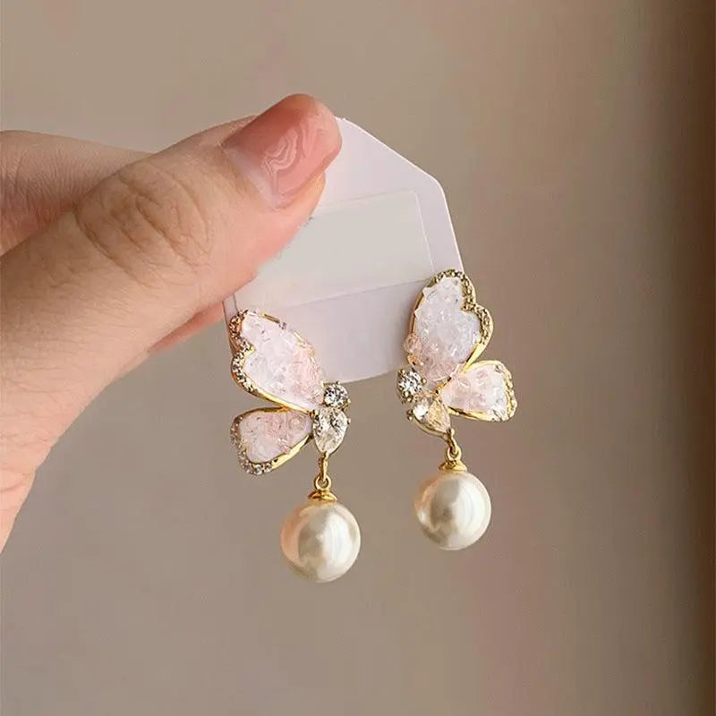 Gradient Butterfly Pearl Earrings With Rhinestones Luxury Personalized Earrings For Women Jewelry - Little Addiction