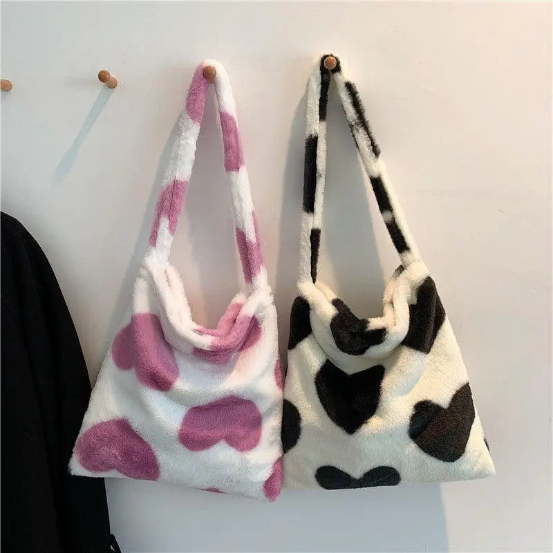 Love Heart Shoulder Bags Winter Plush Shopping Bags For Women - Little Addiction