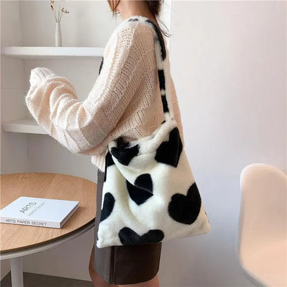 Love Heart Shoulder Bags Winter Plush Shopping Bags For Women - Little Addiction