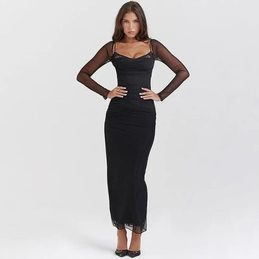 Mesh Stitching Lace Mid-length Dress - Little Addiction