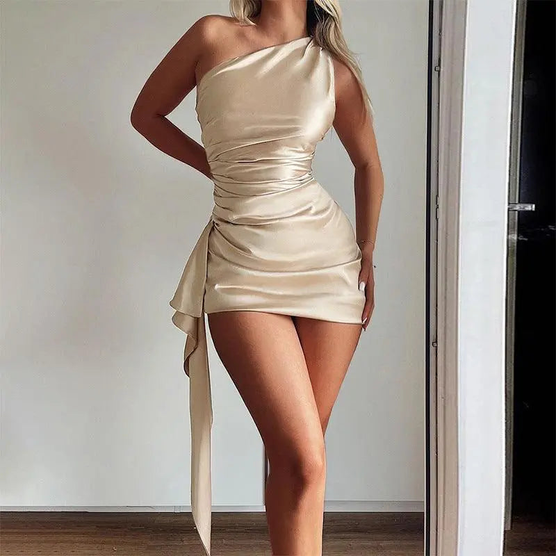 One-shoulder Sleeveless Mini Dress Sexy Slim Backless Skirt Party Wedding Dresses Womens Clothing - Little Addiction