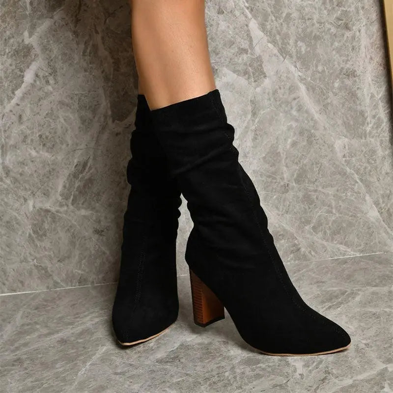 Pointed Toe High Block Suede Heel Boots - Little Addiction