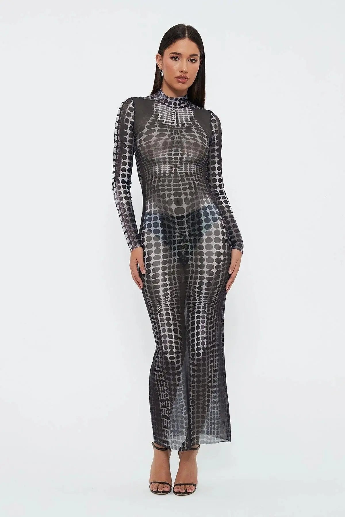 See-through Mesh Printed High -waist Slim Long Dress - Little Addiction