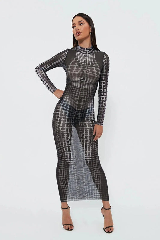 See-through Mesh Printed High -waist Slim Long Dress - Little Addiction