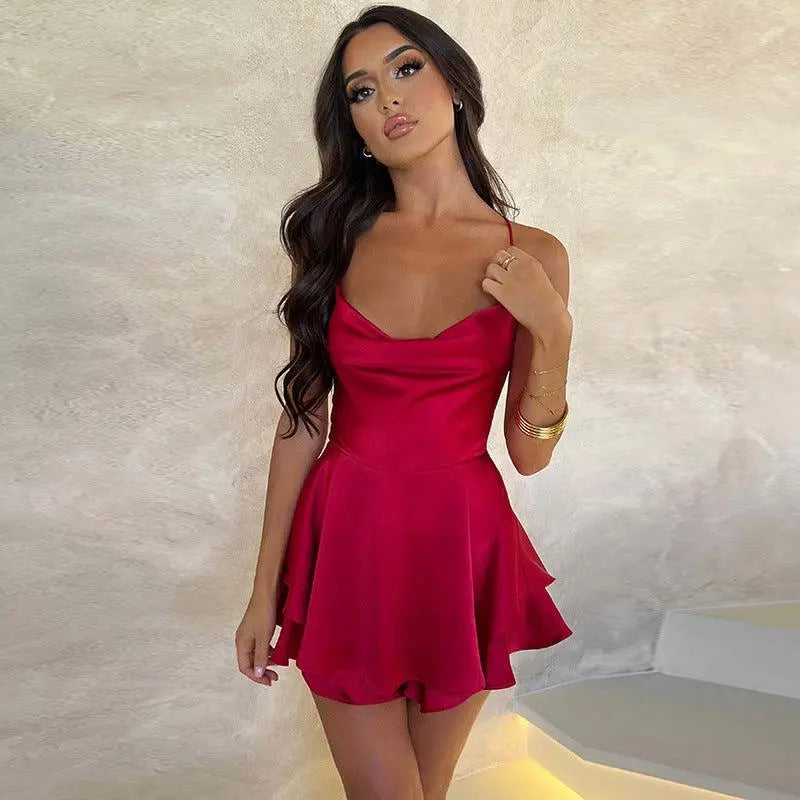 Sexy Suspender Skirt For Women Elegant Slim Strap Satin Backless Lace Up A-Line Short Dress Lady - Little Addiction