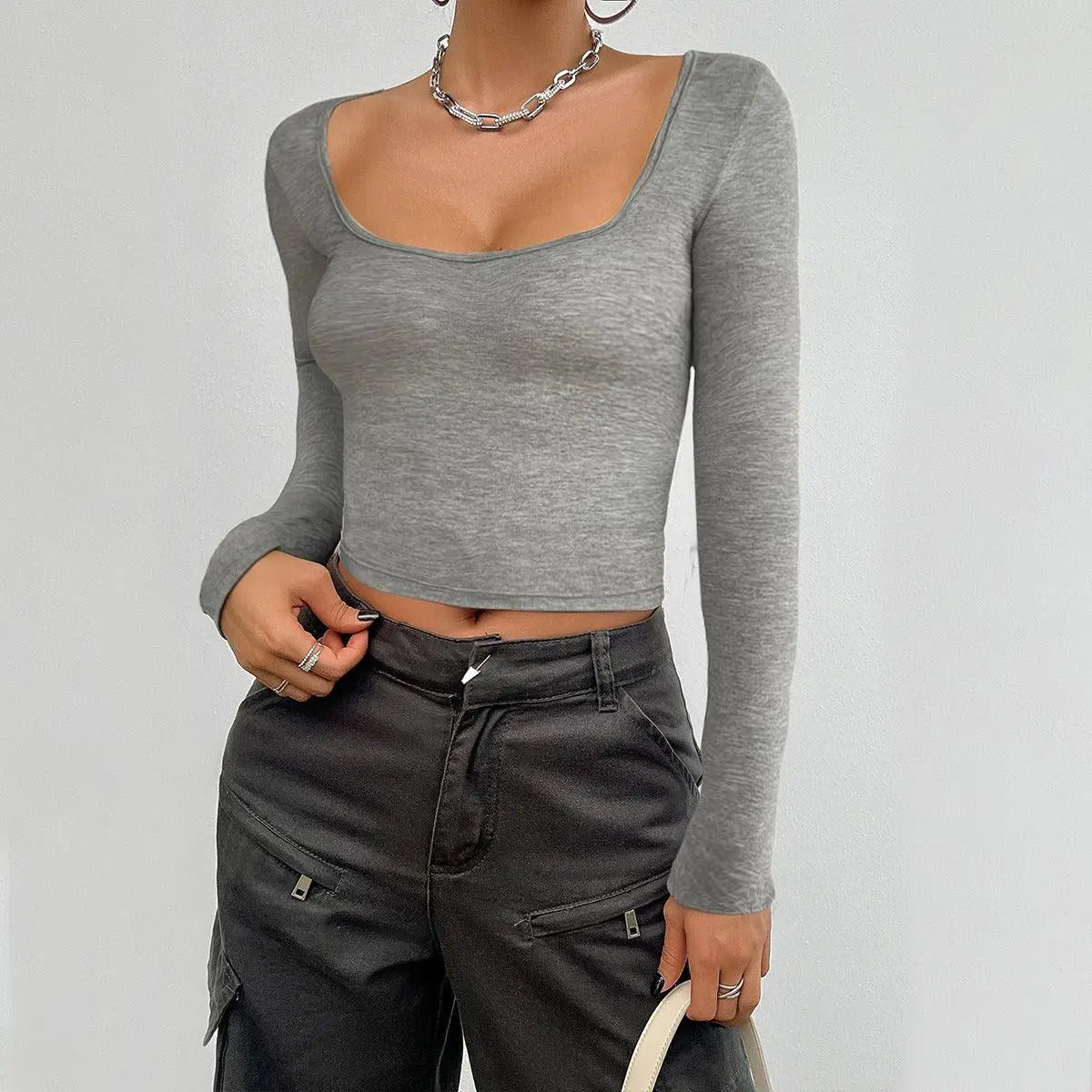 Slim-fit Solid Colour Long-sleeved Top - Little Addiction