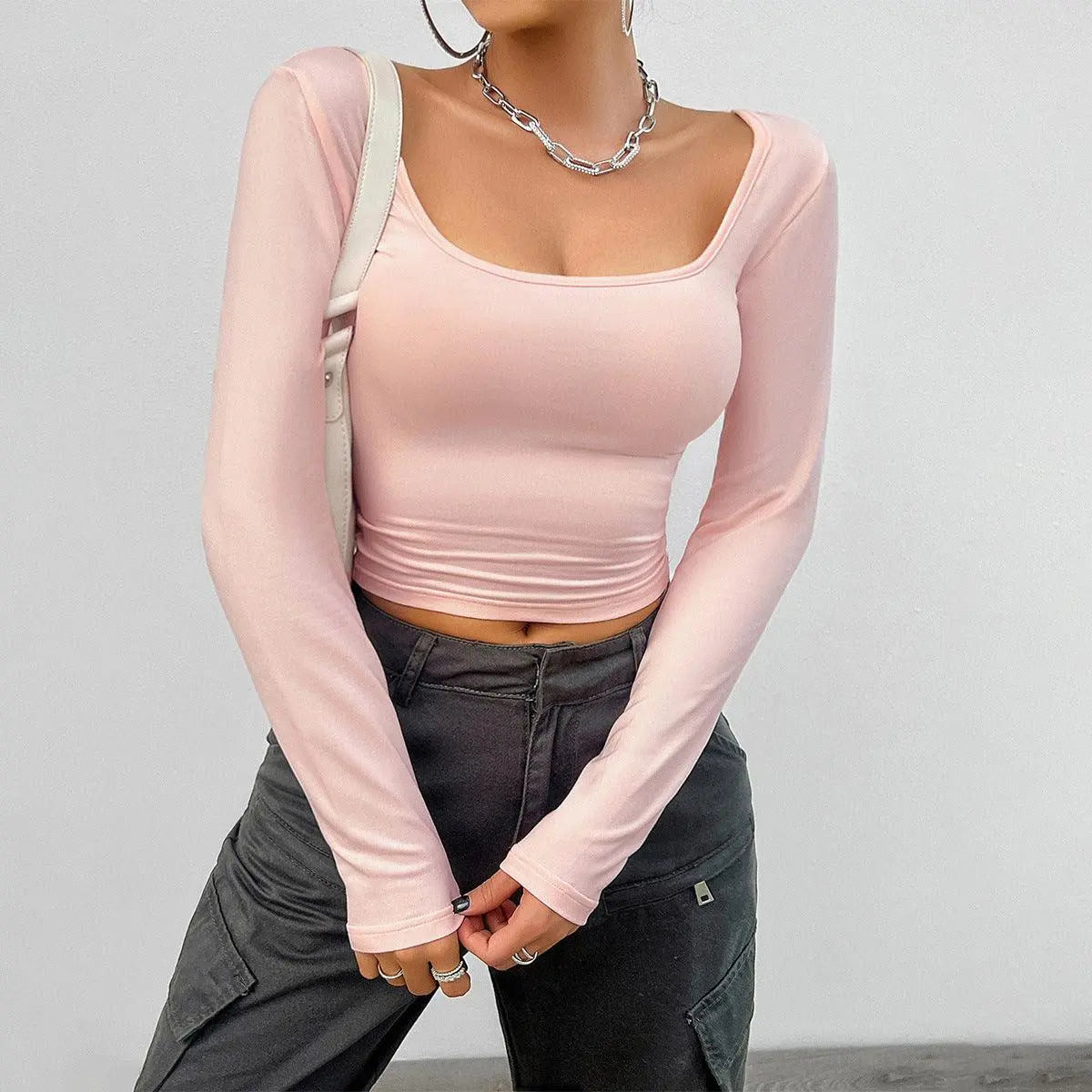 Slim-fit Solid Colour Long-sleeved Top - Little Addiction