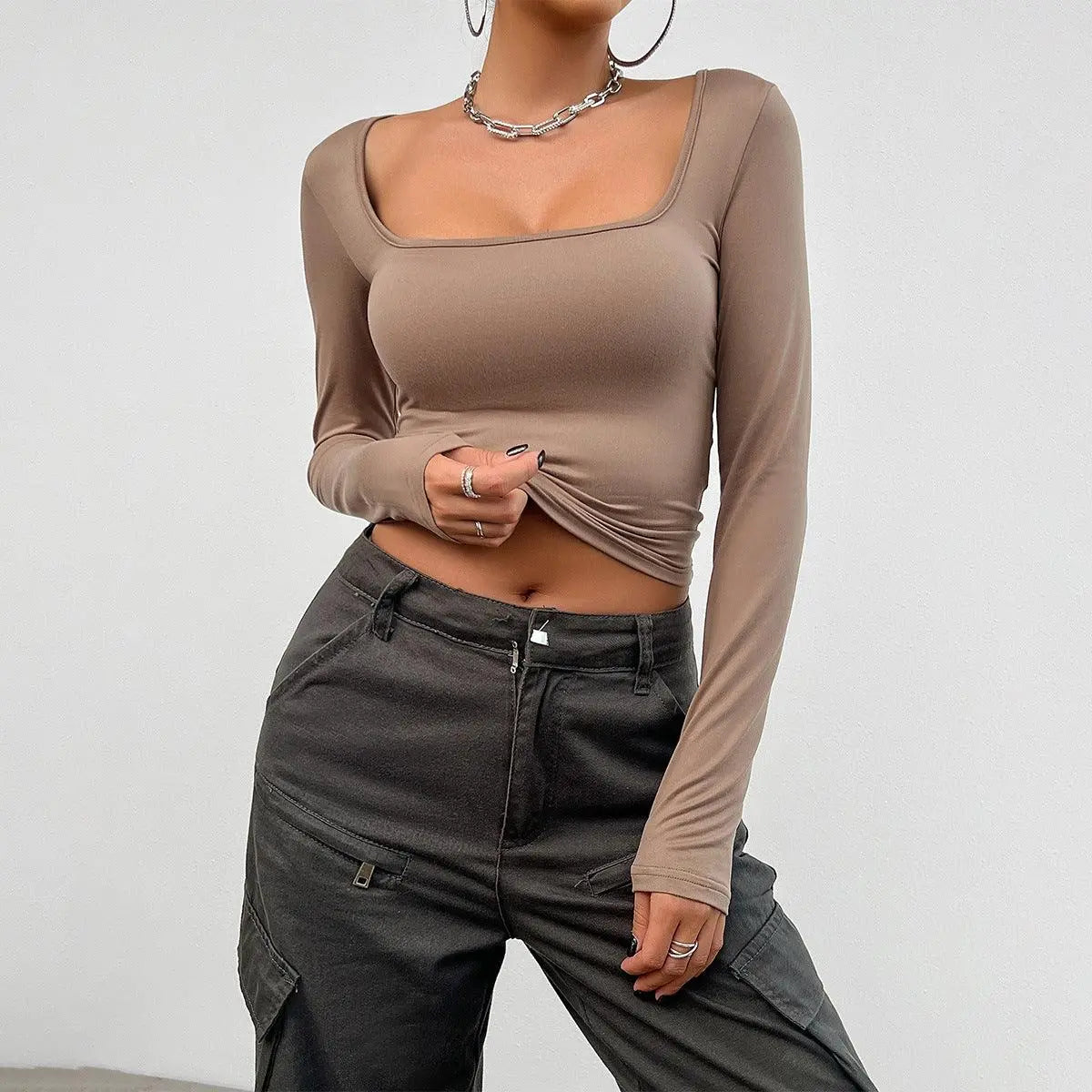 Slim-fit Solid Colour Long-sleeved Top - Little Addiction