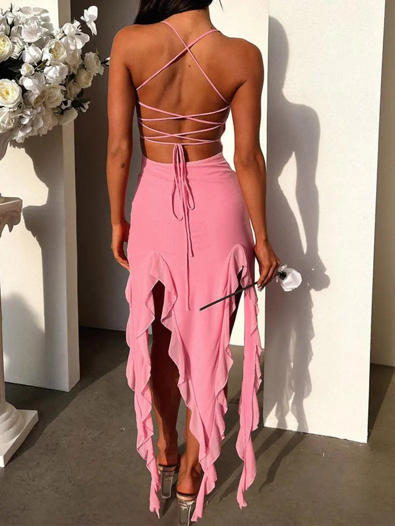 Split Ruffle Backless Dress - Little Addiction