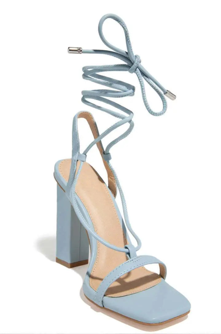 Square Toe Ankle Lace-Up Strap Heels - Little Addiction