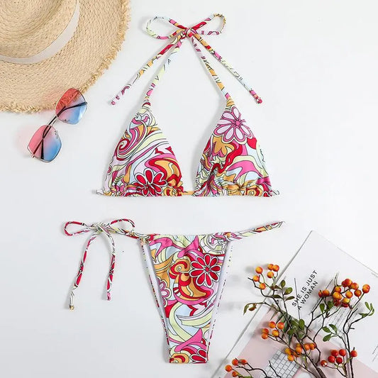 Triangle Printed Bikini For Women With Separate System And Hanging Neck Swimsuit - Little Addiction