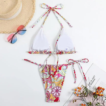 Triangle Printed Bikini For Women With Separate System And Hanging Neck Swimsuit - Little Addiction