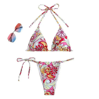 Triangle Printed Bikini For Women With Separate System And Hanging Neck Swimsuit - Little Addiction