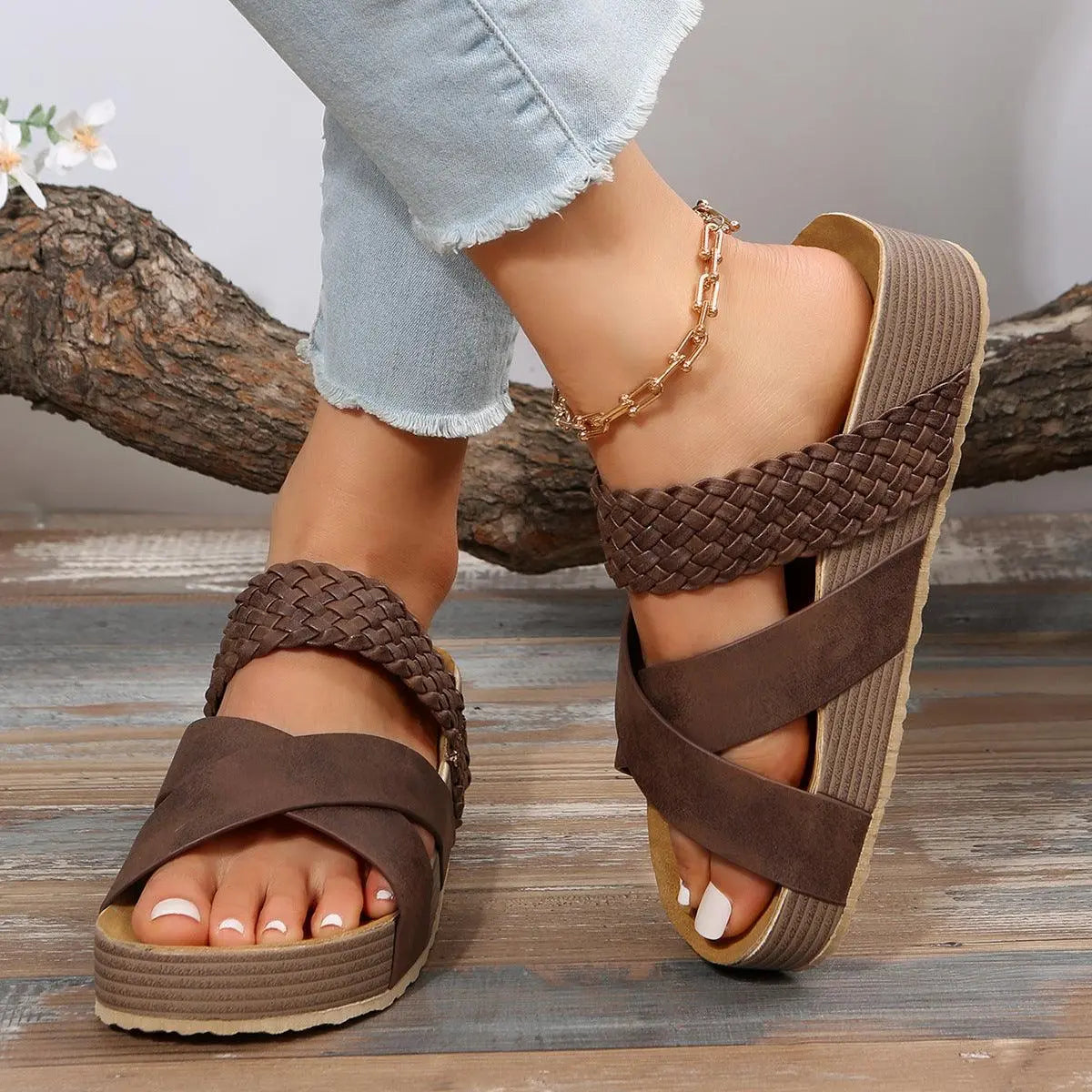 Woven Cross-strap Slippers Summer Platform Sandals Women Flat Beach Shoes - Little Addiction